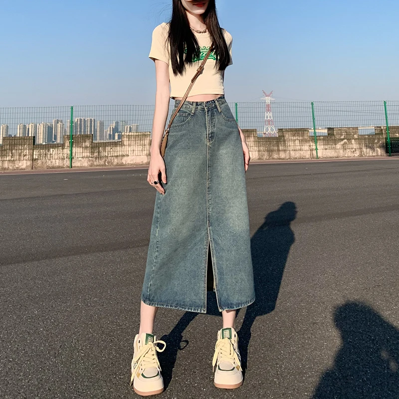여성용 여름 긴 스커트, 2023 한국 스타일, 고품질 미디 데님 스커트, 캐주얼 빈티지 블루, 무릎 길이 청바지, 반바지