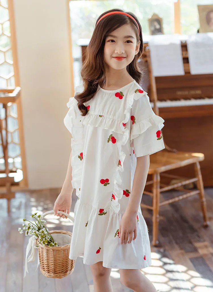 cutest baby dresses Embroidery Teen Girls Dress Cherry Patterns Half Sleeve Ruffles Cotton Summer Dress Children Clothes 6 8 10 12 14 Years baby boy dress