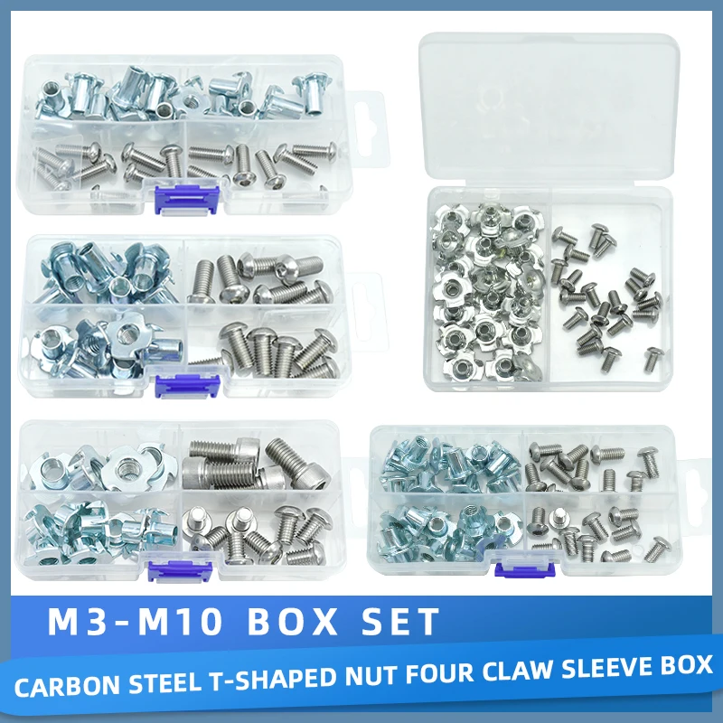 M3 M5 M6 M8 M10 Carbon Steel Zinc 4 Claw Nut 304 Stainless Steel Hex Socket Screw Bolt Kit for Wood Furniture Woodwork Assembly