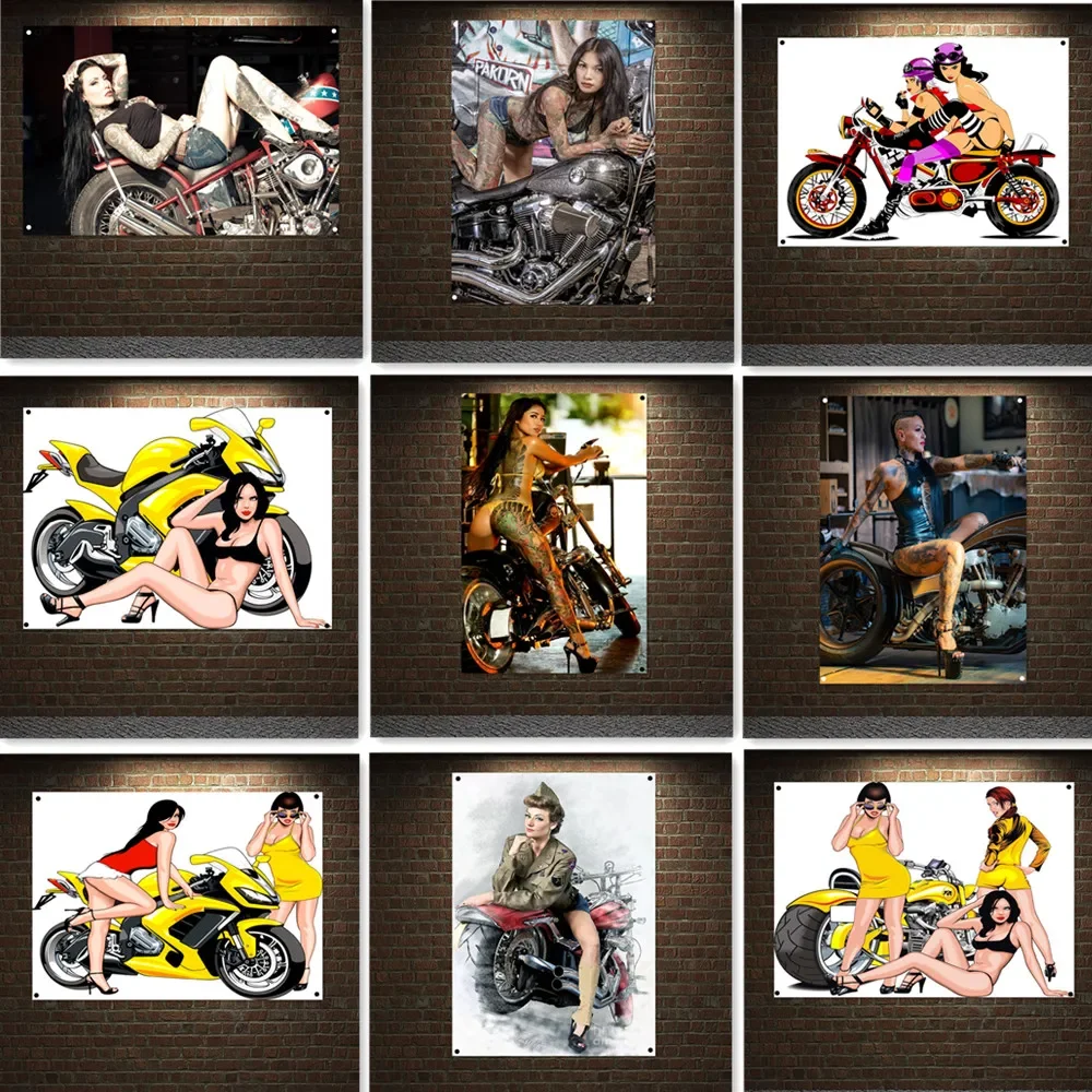 Vintage Moto Locomotiva Poster Arazzo Ragazze Sexy Tatuaggio Arte Bandiera Banner Pittura Murale Garage Home Wall Decor Sticker A1