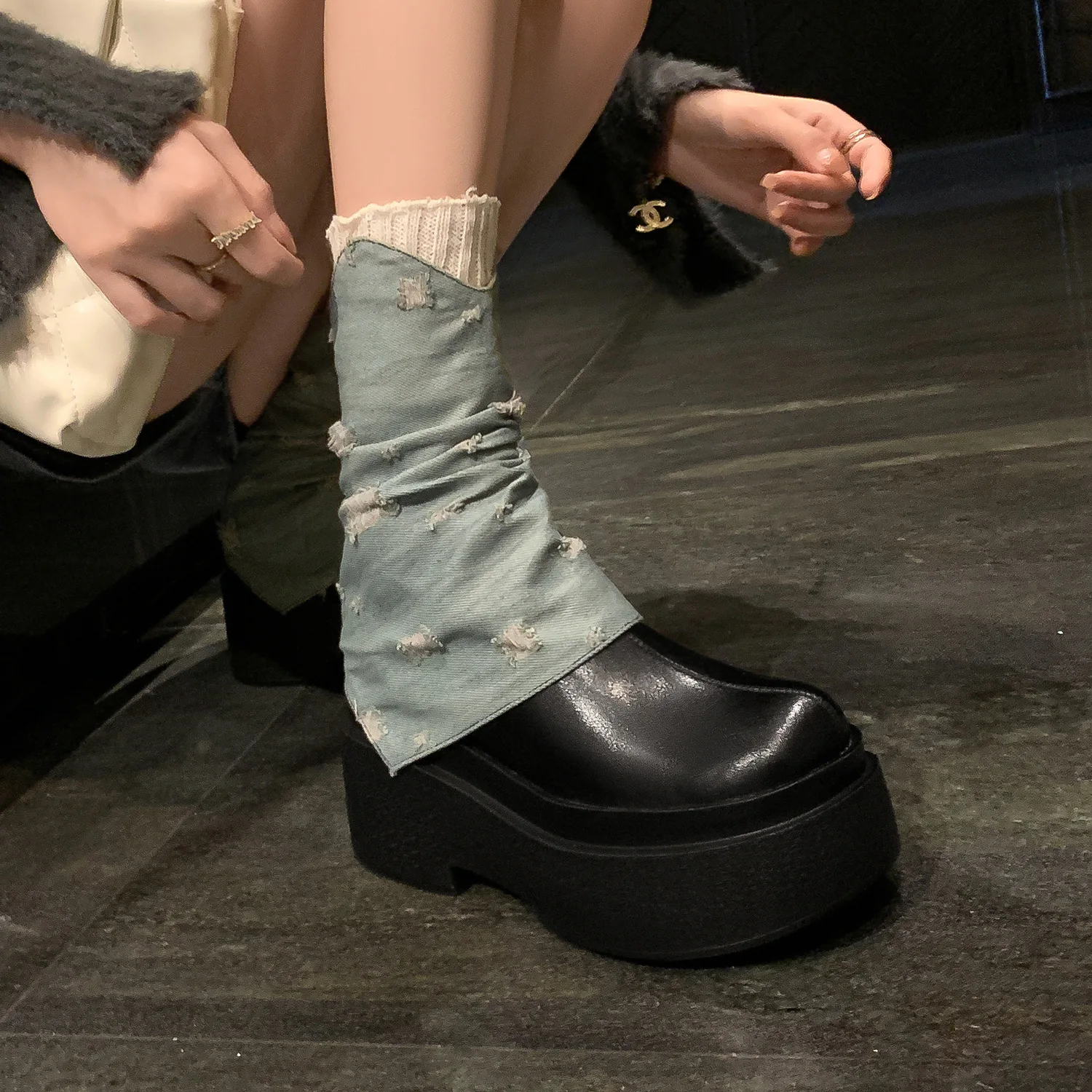 

Round Toe Thick Sole Cuffed Wedge Heel Boots Color Block Zip Platform Pleated Ankle Boats Women Denim Botines Women Shoes