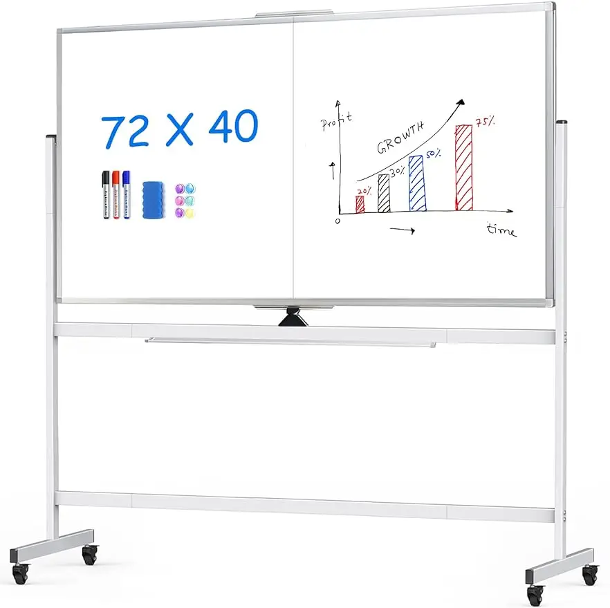 

maxtek 72 x 40 Double Sided Rolling Whiteboard, Mobile Whiteboard Magnetic White Board - Large Reversible Dry Erase Board Easel