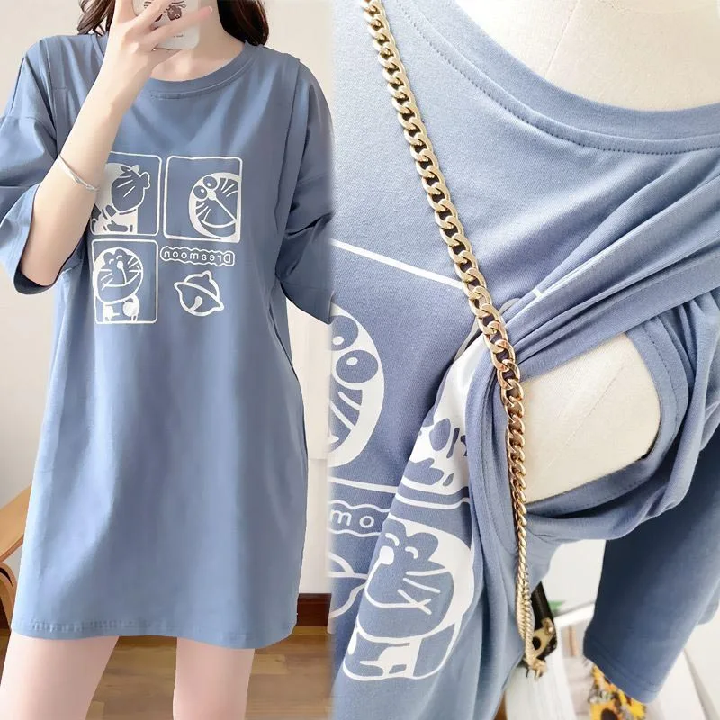 

2024 Summer Short Sleeve Maternity Nursing T-shirt Fashion Print Maternal Woman Breastfeeding Clothes Lactation Tops Pregnancy