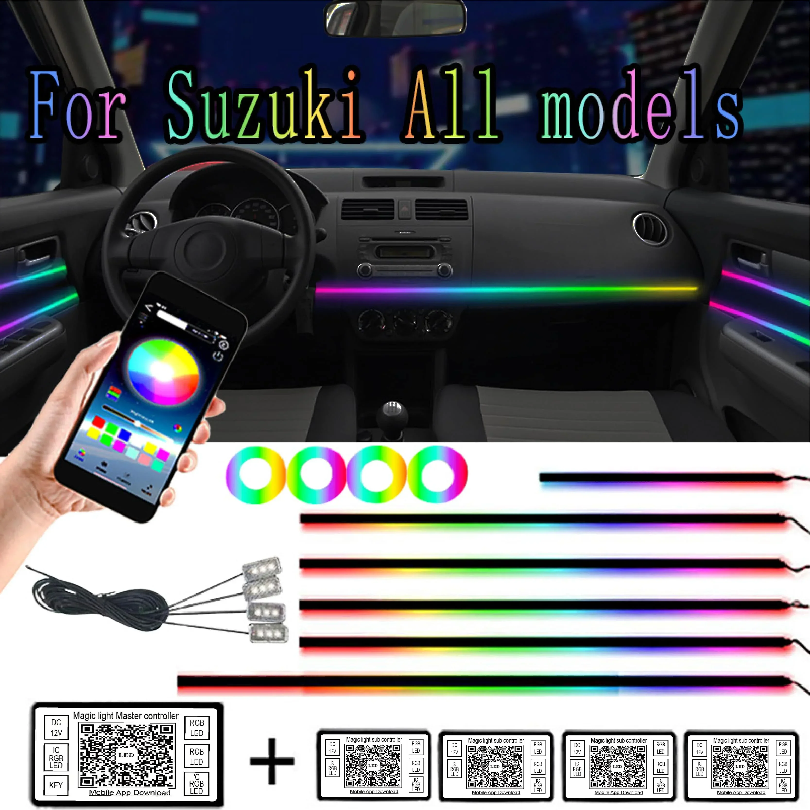 

For Suzuki 18 in1 64 Color RGB Symphony Car Atmosphere Interior LED Acrylic Guide Fiber Optic Universal Decoration Ambient Light