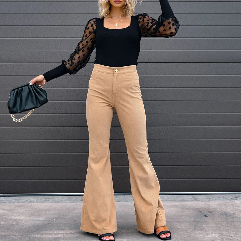 Street Fashion Pantalon Europe American Spring Autumn Women's Solid Mid Waist Slim Micro Bell Bottoms Corduroy Casual Sweatpant