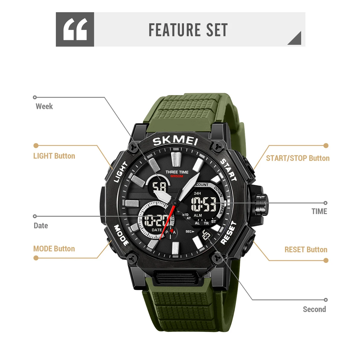 SKMEI Dual Display Sport Watch Mens Chrono Fashion Casual 5Bar