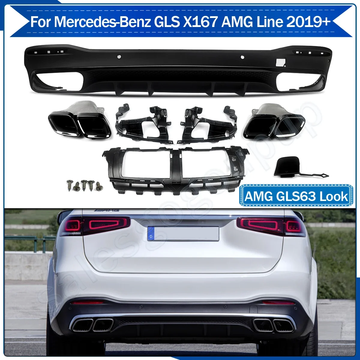 

GLS63 AMG Style Black Rear Diffuser w/ Exhaust Tips for Mercedes Benz X167 2019+