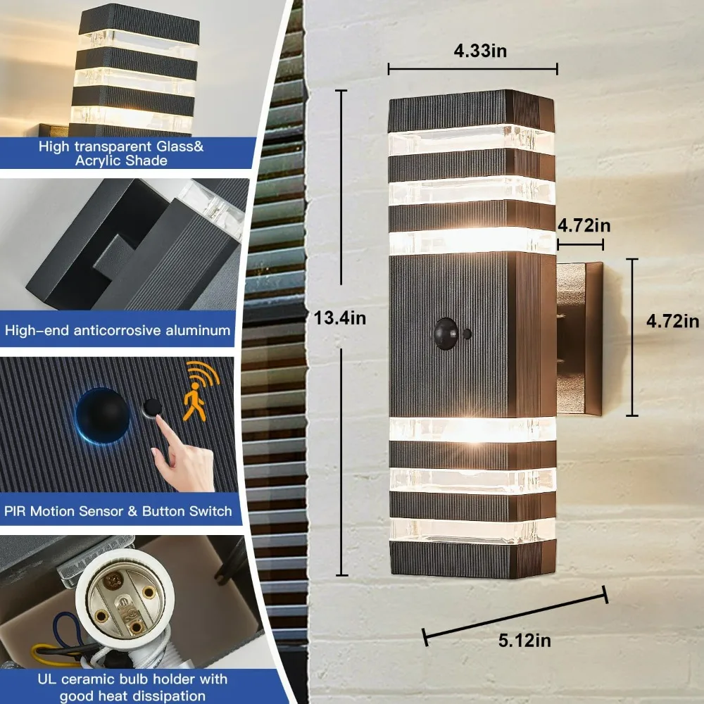 Modern Outdoor Wall Light Fixtures with Motion Sensor, Up and Down Lighting for Porch, Dusk to Dawn Exterior Sconce