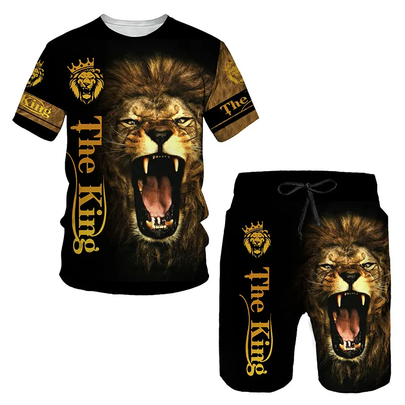 Summer Men T-shirt Set Tracksuit Cool Lion 3D Printed Short Sleeve Pants 2 Piece Casual Suit Sportswear Fashion Men's Clothing
