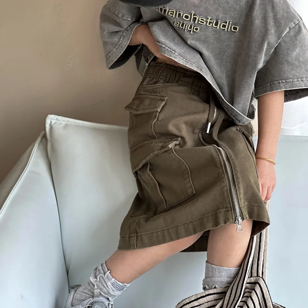 

Girls Skirt 2024 New Spring Dress Foreign Style Children Casual High-waisted Skirt Children Cargo Fashion Solid Cool Skirts