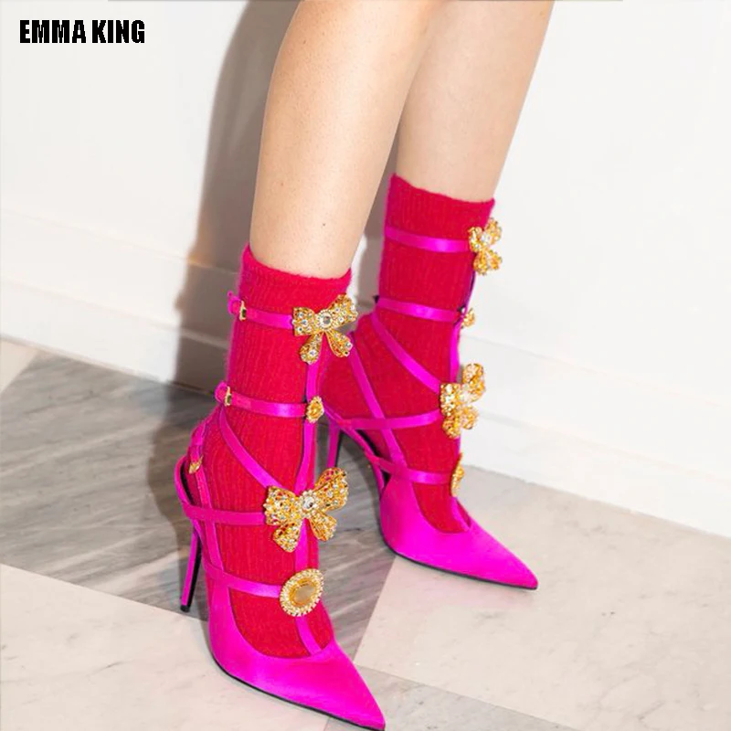 

Женские туфли-лодочки с бантом и кристаллами, однотонные туфли-лодочки на высоком каблуке-шпильке с металлическим декором, Роскошные туфли-лодочки с пряжкой, большой размер 44, лето 2023