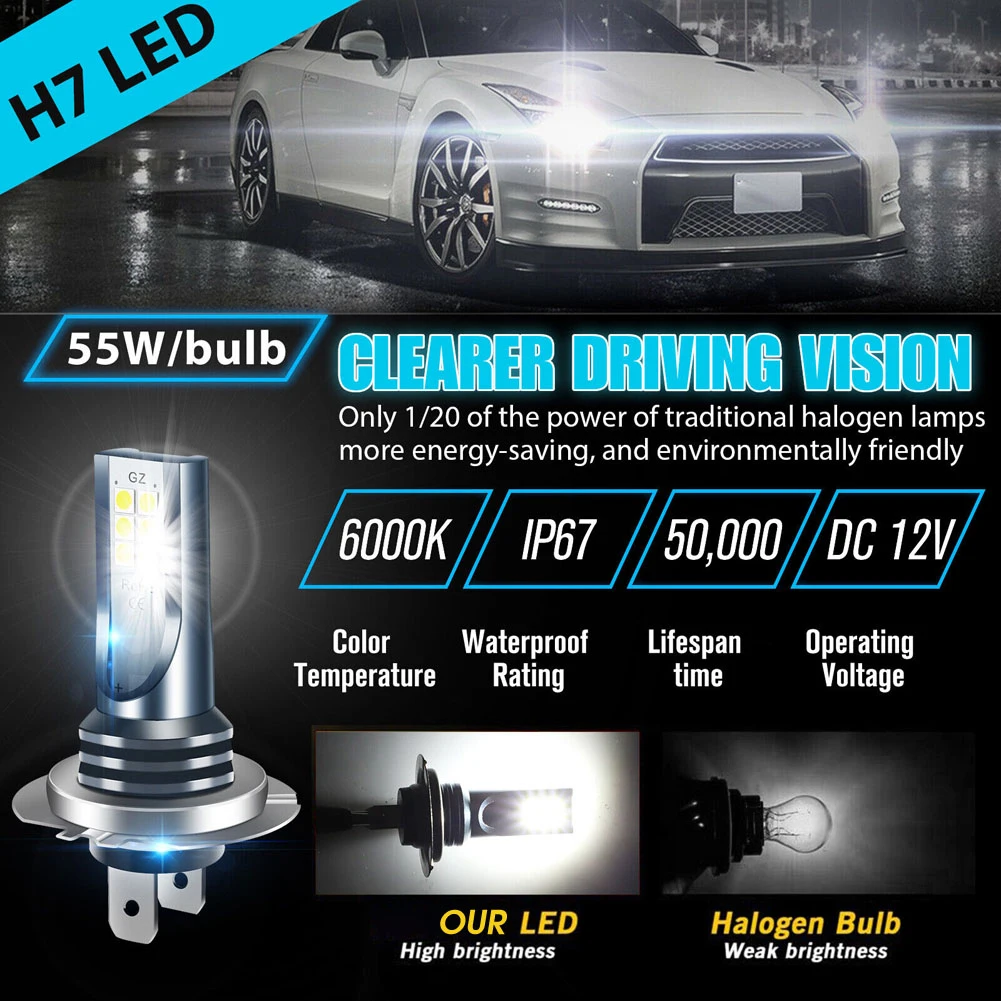 H7 Car Headlight 12V 24V Car High Low Beam 6000K LED Fog Light IP67 Waterproof Super Bright White 1000LM for Vehicle Accessories