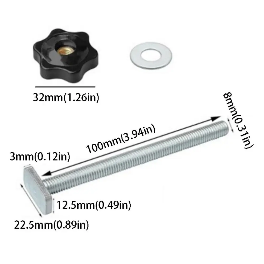 M8x100mm T-슬롯 슬라이더 헤비 듀티 스크류 고정 장치 라우터 츄트 레일 T-트랙 스크류 플럼 스타 노브 목공 벤치 도구