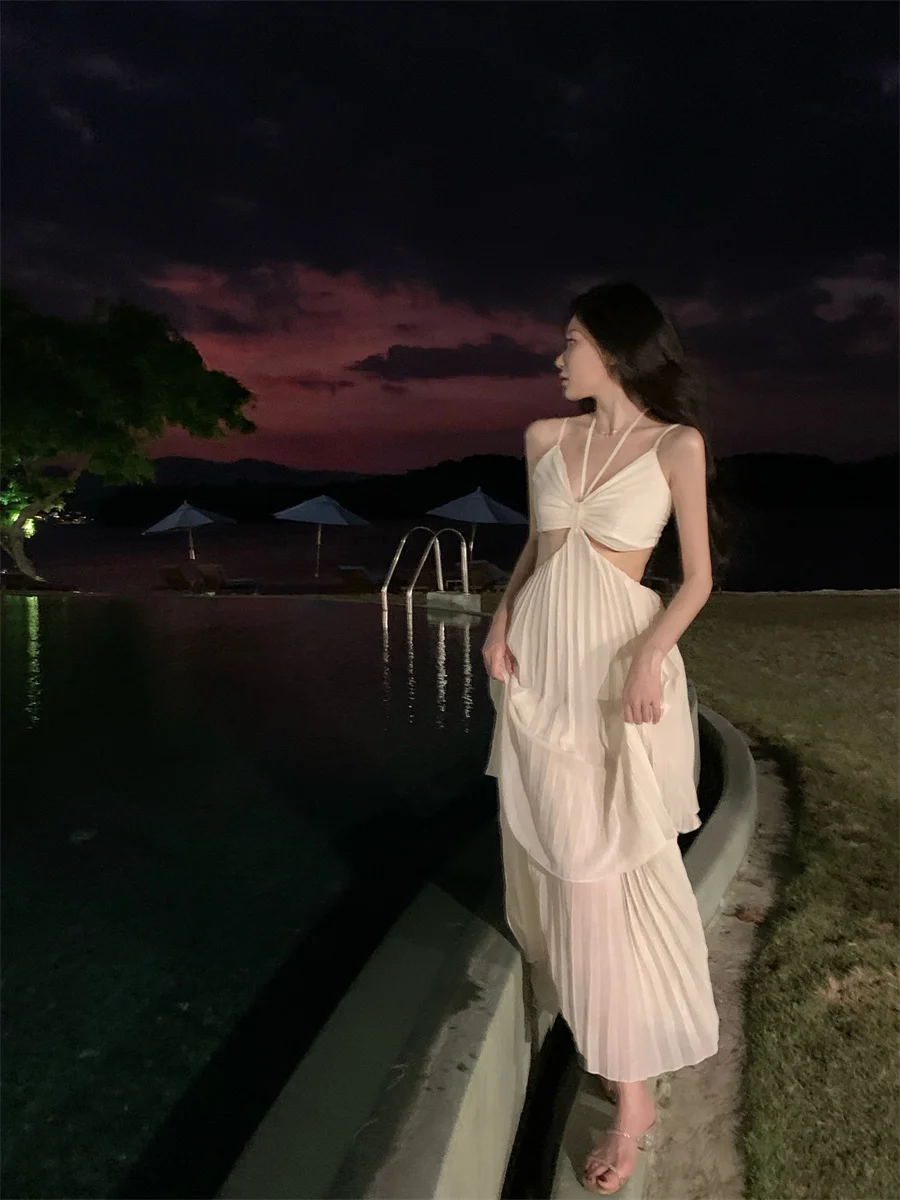 Summer New Fashion Sexy Pleated Holiday Beach Long Dresses for Women Vacation Spaghetti Strap A line Ladies Robe 2025 Sundress