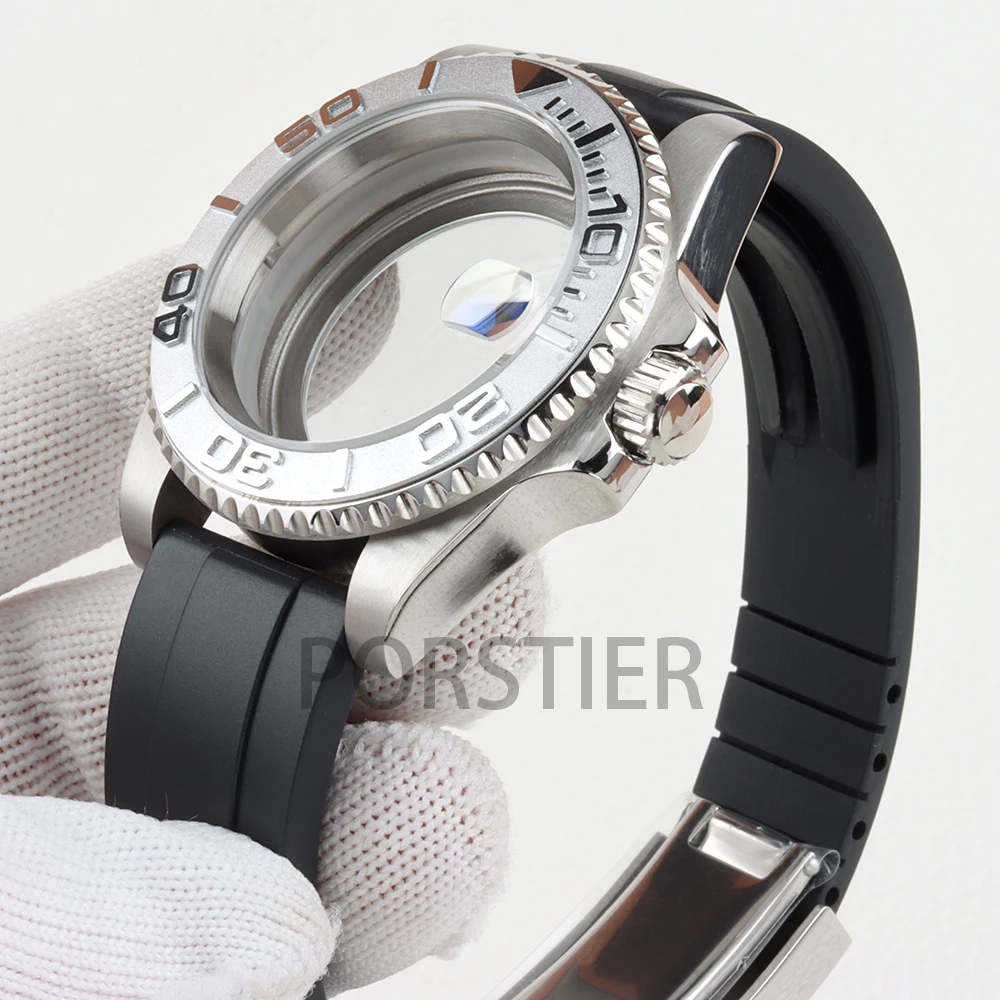 Stainless Steel 40mm Yacht Watch Case with Sapphire Glass & Rubber Strap - 100m Waterproof