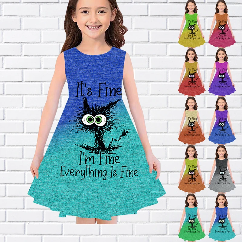 

Cute Cat Print Princess Dress Fashionable Round Neck Dress Summer Little Girl Comfortable Sleeveless Party Dress Girl Clothing