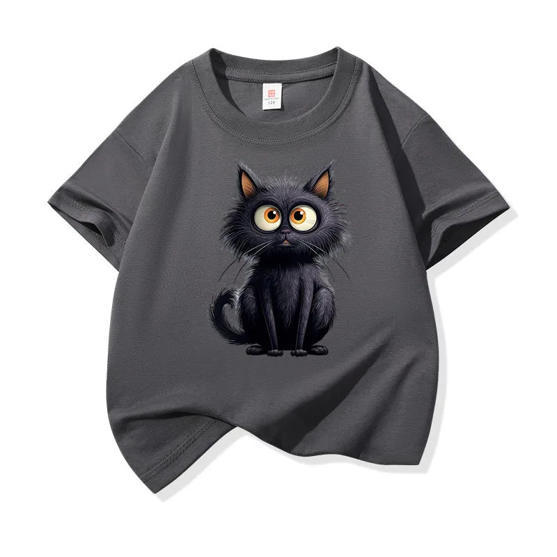 Adorable Black Cat Graphic Kids' Cotton Tee - Soft, Breathable Short Sleeve Shirt