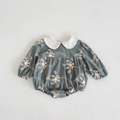 Girls Sister Clothes Flower Embroidered Design Long Sleeve Doll Cotton Collar Rompers Infant Skirt Romper Cute Dress Outfit