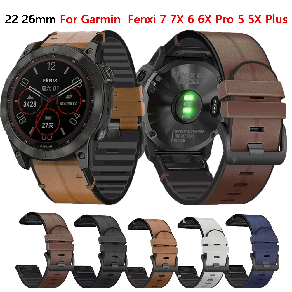26 22mm Leather Silicone QuickFit Watch Band Straps For Garmin Fenix 7 7X Epix 6 6X Pro 5 5X