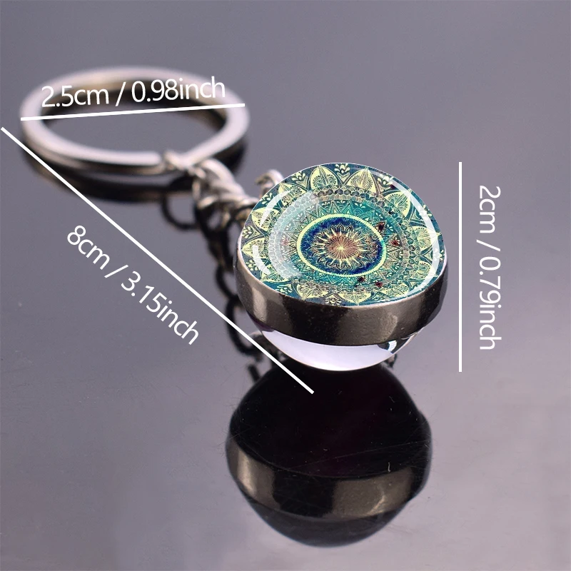 Mandala Keychains Datura Flower of Life Double Sided Glass Ball Pendant Key Chain Buddhist Meditation Jewelry Key Ring Gift