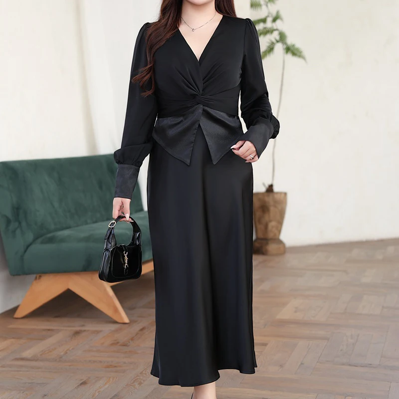 Plus Size Women's Blouses Premium V-Neck Fold Stitching Satin Shirt French Design Knot Puff Sleeve Autumn 2025