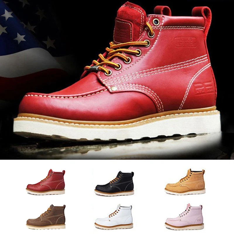 

New Women Genuine Leather Work&Safety Boots Goodyear-Welted Vintage Mid-calf Motorcycle Boots Round-Top Men Casual Cowboy Boots