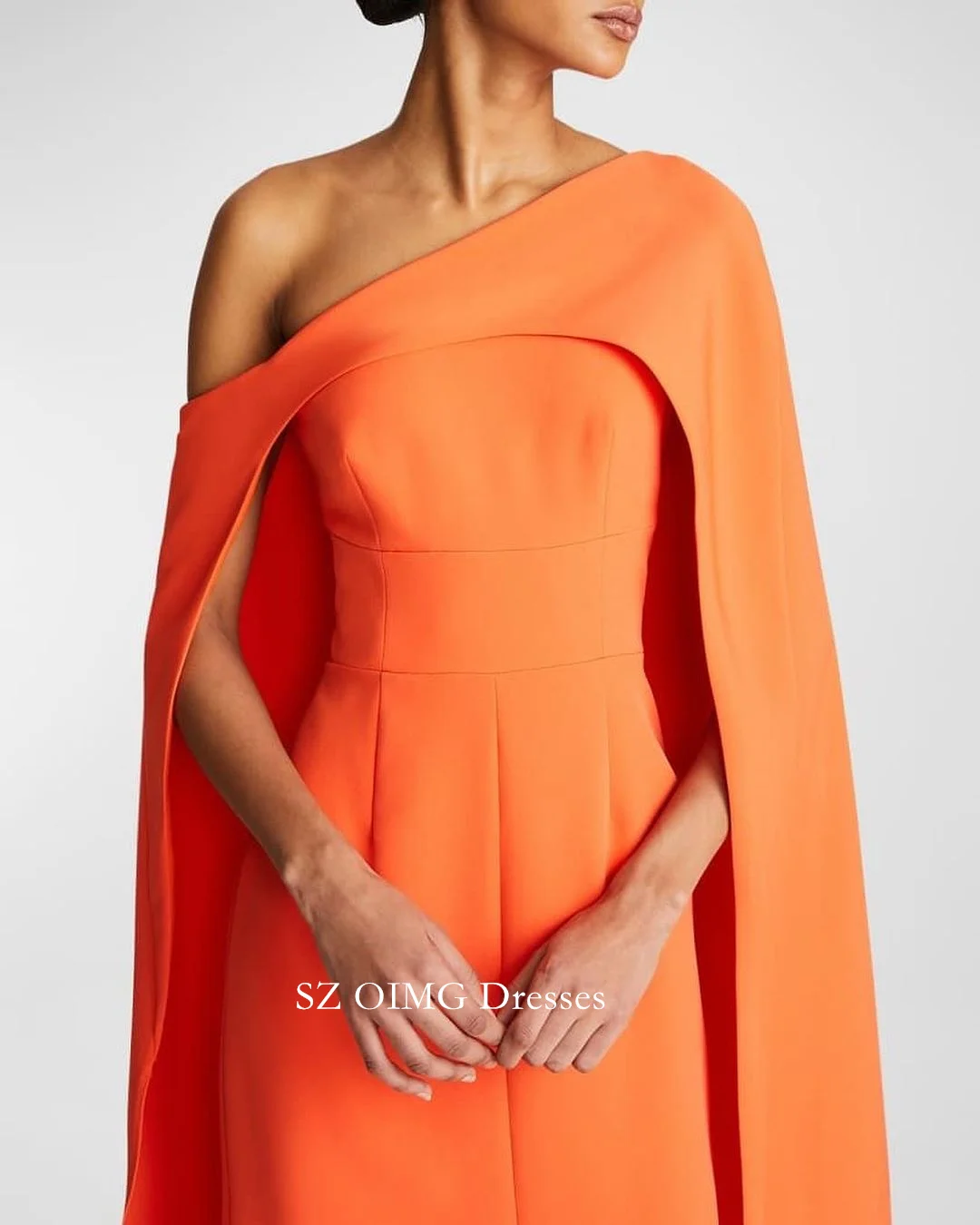 

OIMG One-Shoulder Women Orange Vintage Crepe Satin Prom Dresses Full Sleeves Floor Length Evening Gowns 2023 Formal Party Dress