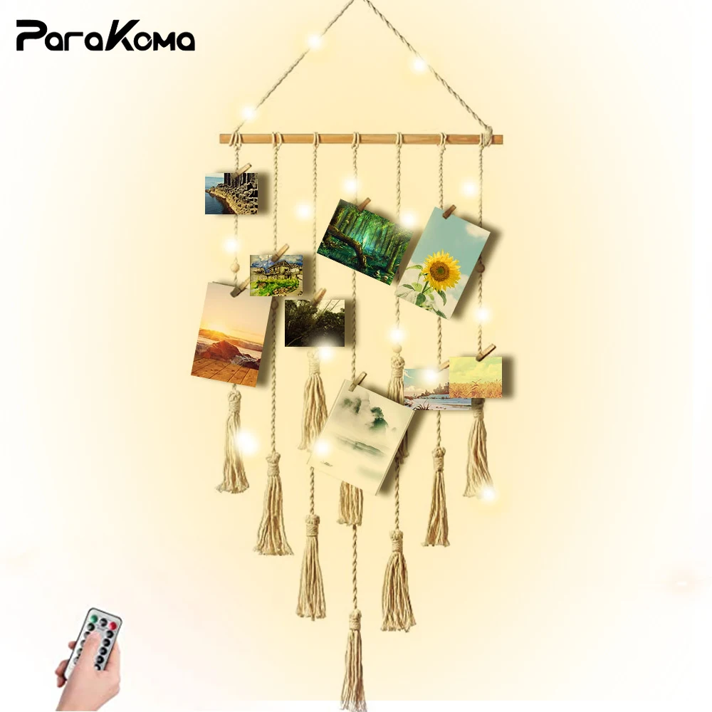

Parakoma Macrame Hanging Photo Display Wall Decor,Clip Photo Holders with Remote Lights,Birthday Gifts,Boho Home Bedroom Decor