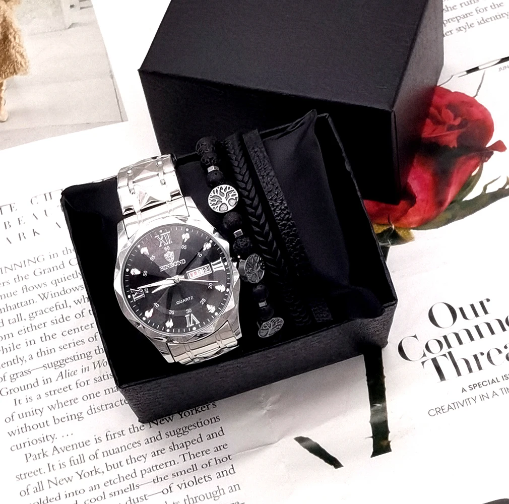 Luxury Top Brand Man Wristwatch Waterproof Luminous Date Week Men Watches Stainless Steel Quartz Men's Watch With Bracelet+Box
