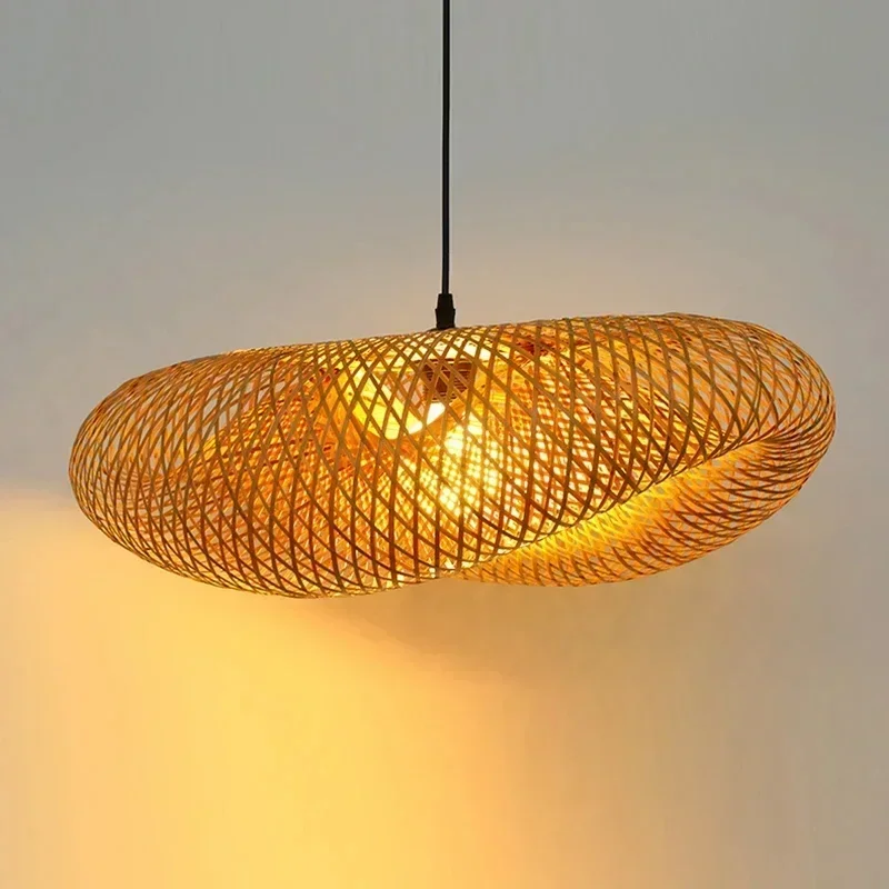 Pendant Lamp HandMade Bamboo Weaving LED Pendant Lamp Home Decor Hanging Chandelier Lighting Living Room Kitchen Vintage Rattan Woven Light