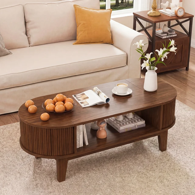 Table basse relevable moderne Fangange avec rangement, table basse classique avec rangement pour salon, plateau effet marbre et finition chêne clair, table centrale de salon à hauteur réglable, 105x53x42cm 1