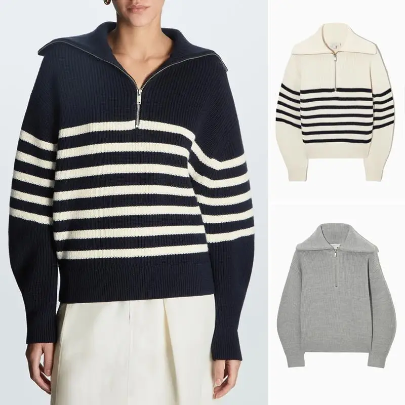 

2023 CO* New Casual Open-neck Sweater Retro Striped Loose Commuter Large Lapel Sweater