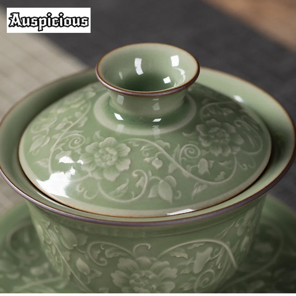 Longquan Celadon Shallow Gaiwan 150ml Zen Relief Entangled Lotus Flower Tea Tureen Tea Making Cover Bowl Ceremony Decoration