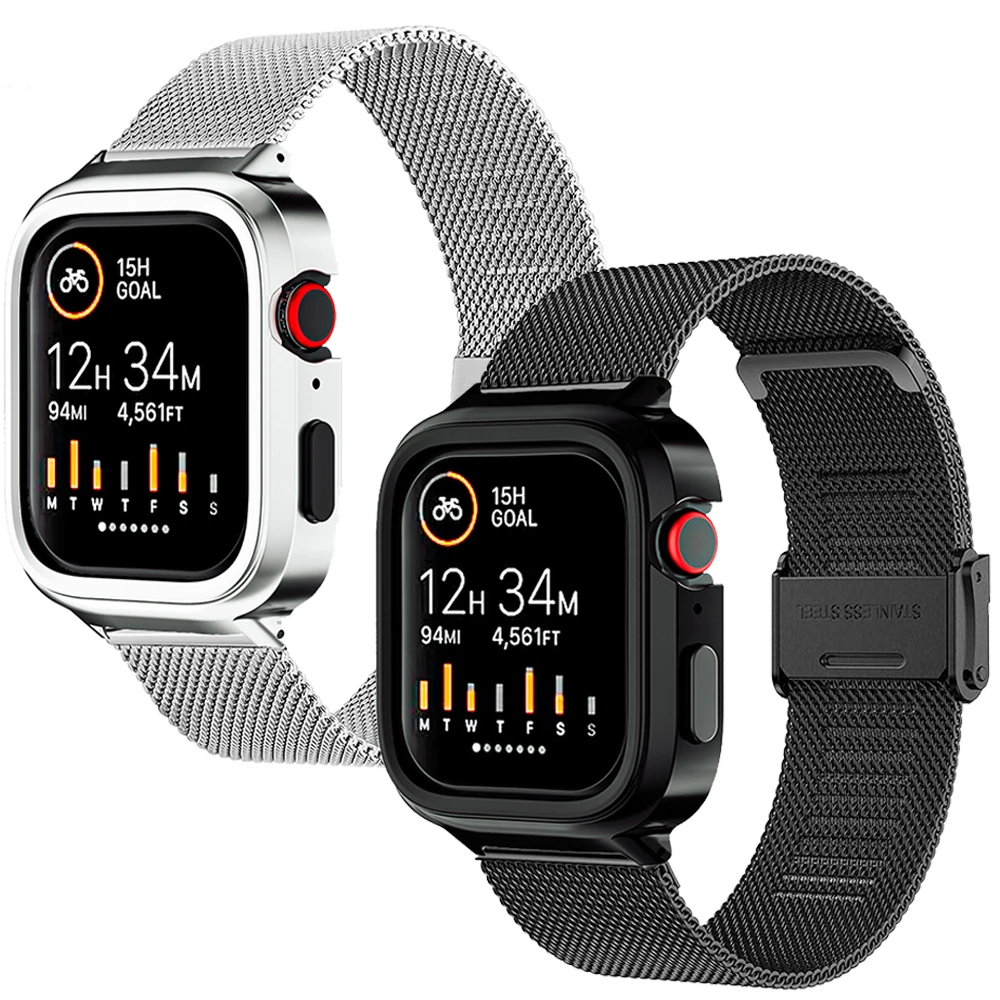 

Compati Apple Watch 44/45MM Series 9/8/S7/6/5/4 Band+metal Case Modified protective Stainless Steel Milan snap strap Replacement