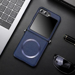 Magnetic Litchi Leather Wireless Charging Case for Galaxy Z Flip 4 (Navy Blue)