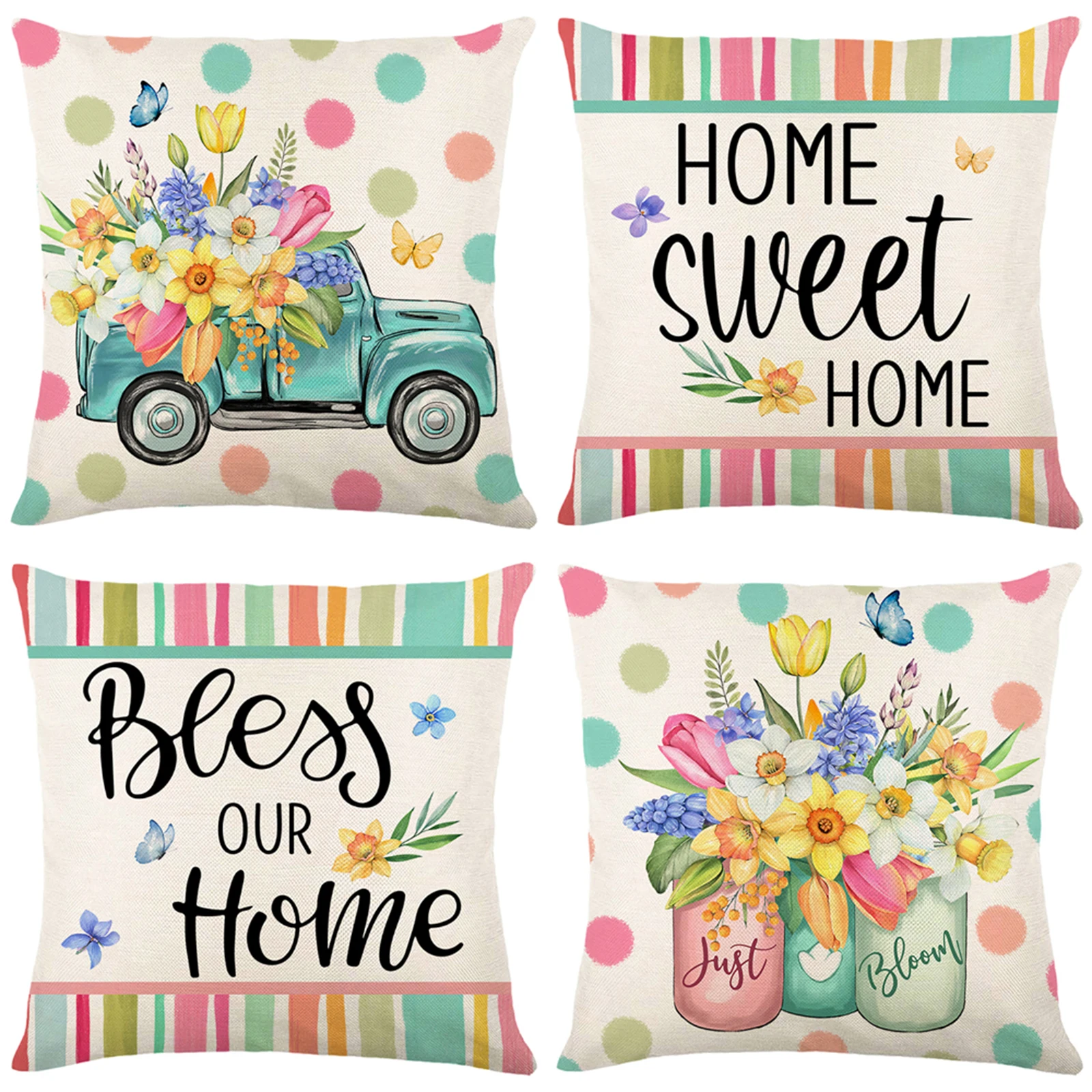 4Pcs Floral Throw Pillow Cases Square Linen Waist Protection Cushion Cover Bed Sofa Pillow Covers Home Decor Pillowcases 45x45CM