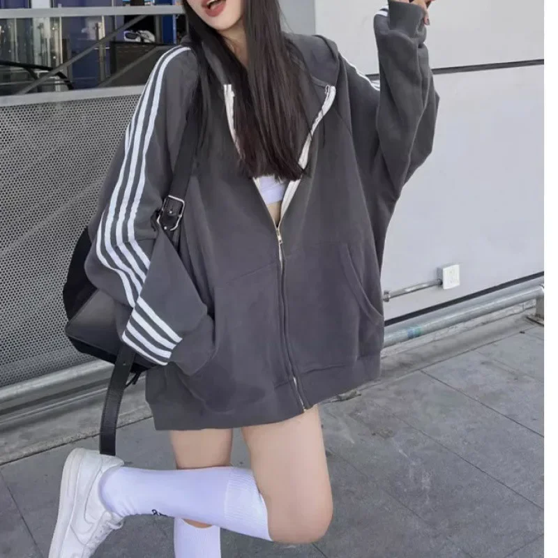 

Korean Casual Zip Hoodie Women Autumn Harajuku Loose Side Stripe Patchwork Long Sleeve Oversized Hoodie School Grey Y2k Cardigan