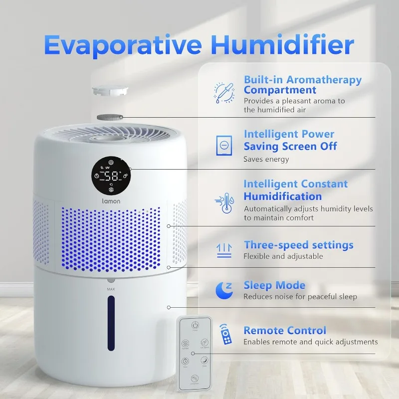 Lamon® Humidifiers for Bedroom, 400ml/H Cool Evaporative Humidifier for Home with Anion & Filter, 4.5L Top Fill Humidifiers 5