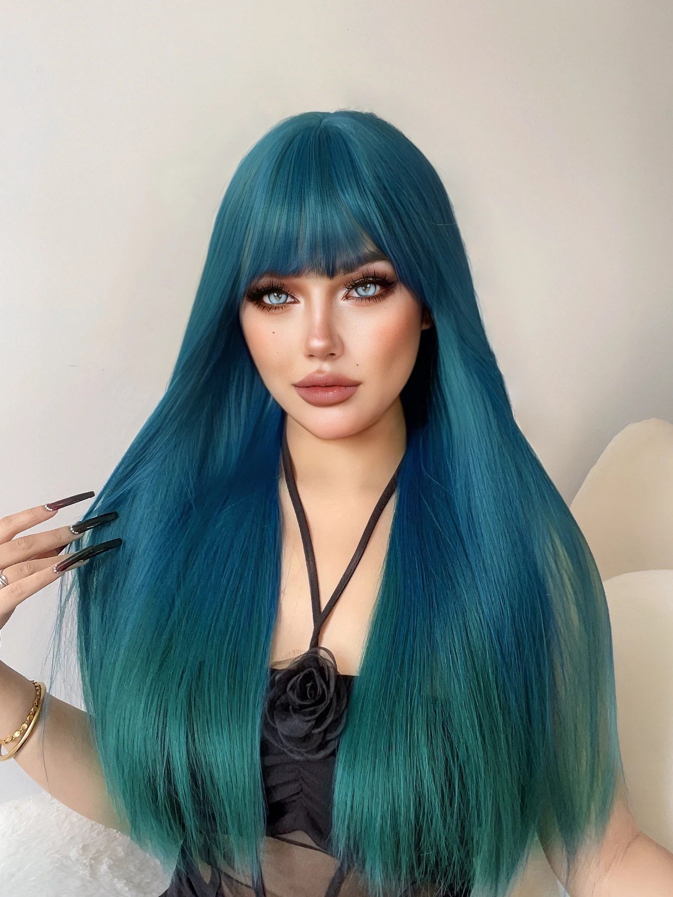 28Inch Teal Blue Color Synthetic Wigs With Bang Long Natural  display picture 1