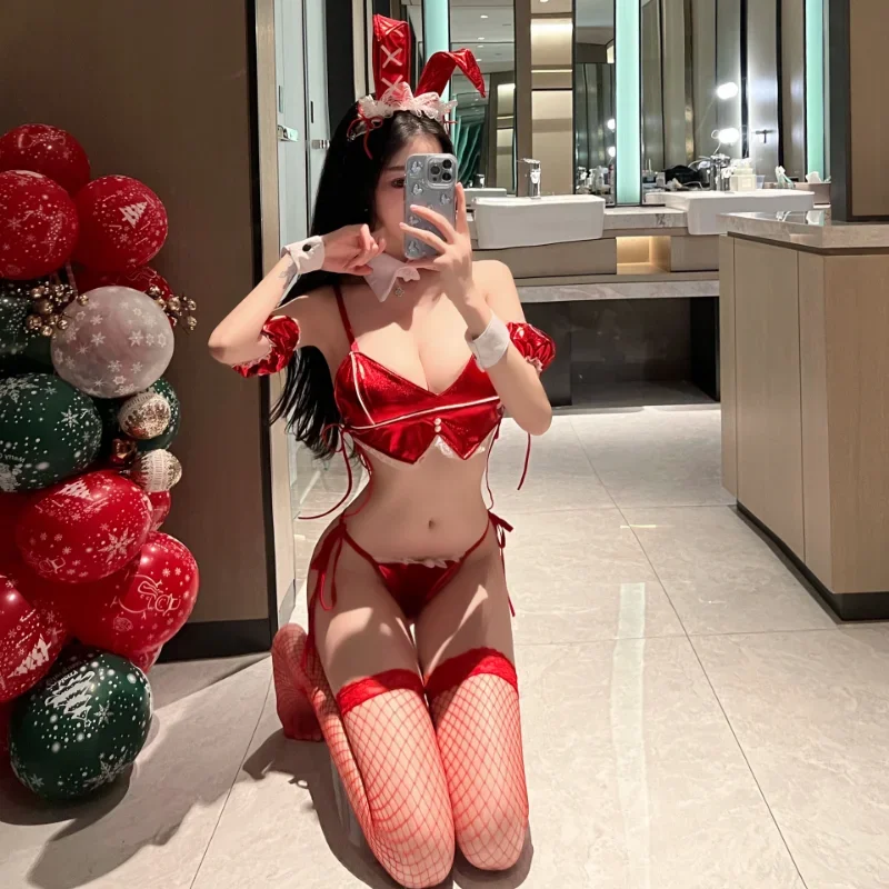 

Christmas Bikini Bunny Outfit Set Red Kawaii lingerie night club Bodysuits Party cosplay Adult costume hotwife underwear