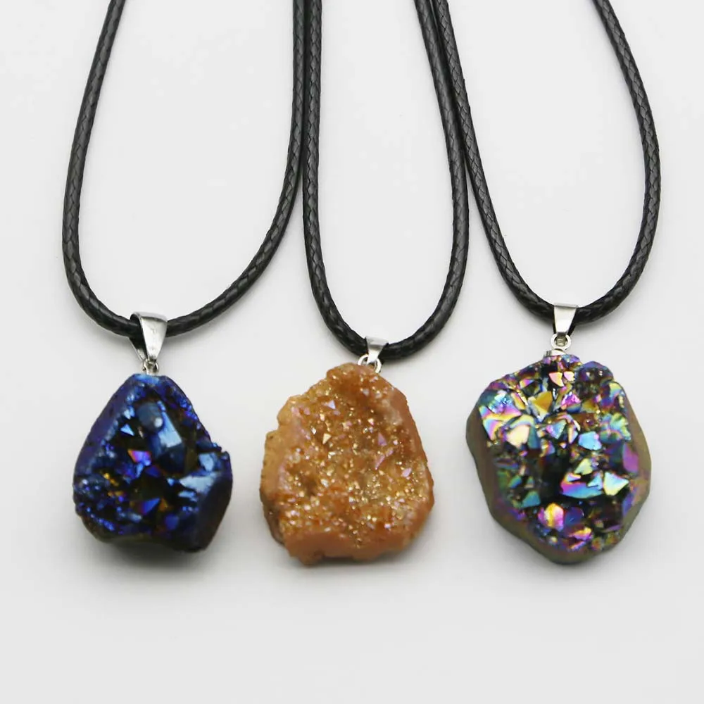 

Natural Rough Stone Irregular Color Mineral Pendant Men's And Women's Leather Rope Necklace Fashion Jewelry Wholesale 6Pcs/Lot