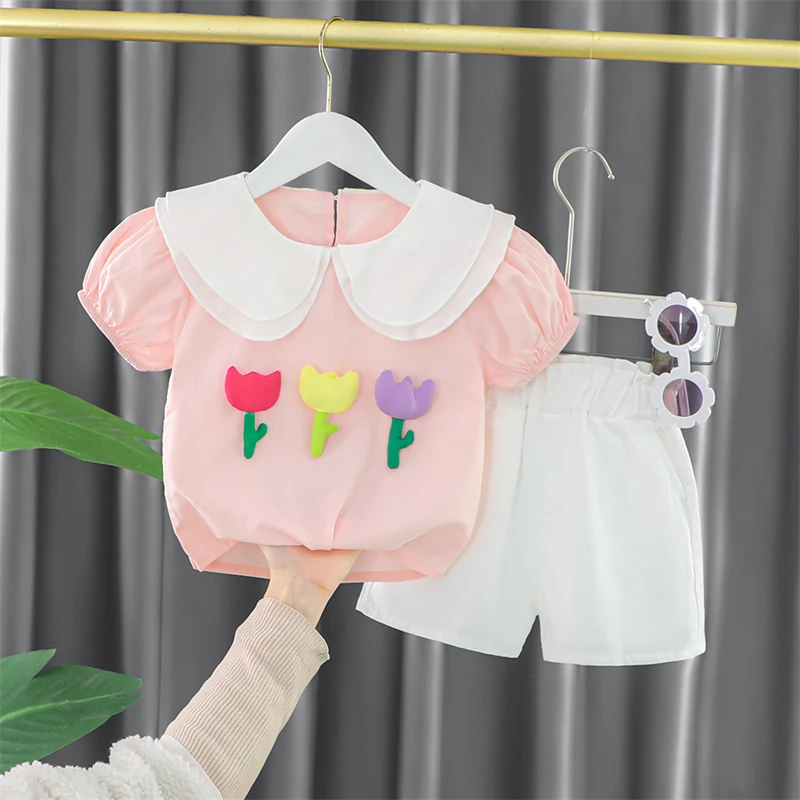 

Summer Children Clothing Sets Baby Girls Floral T Shirt Shorts Kids Sportswear Princess Costume Infant Casual Clothes Outfits