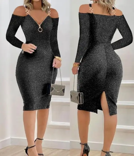 

Sexy Party Dresses for Women 2023 Summer Autumn 2023 Wedding Long Sleeve V-Neck Off Shoulder Zipper Fashion Split Mid Dress