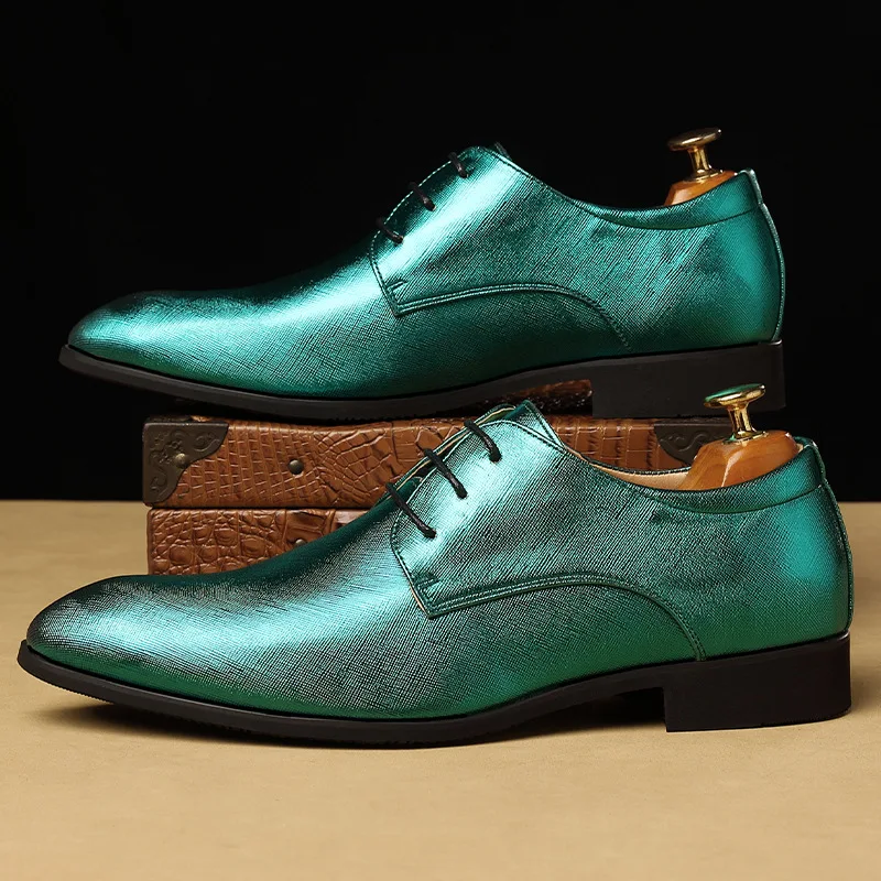 Size 38-48 Designer Derby Shoes Mans Dress Shoes Men Pointed Toe Italiano Men Office Wedding Dress Formal Red Green Silver mens leather dress shoes