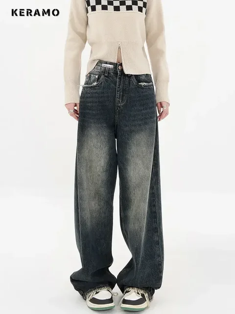 Jean taille haute pour femme, Streetwear Harajuku, mode rétro, ample, jambes larges, droit, pantalon en Denim, Baggy Y2K, automne 3