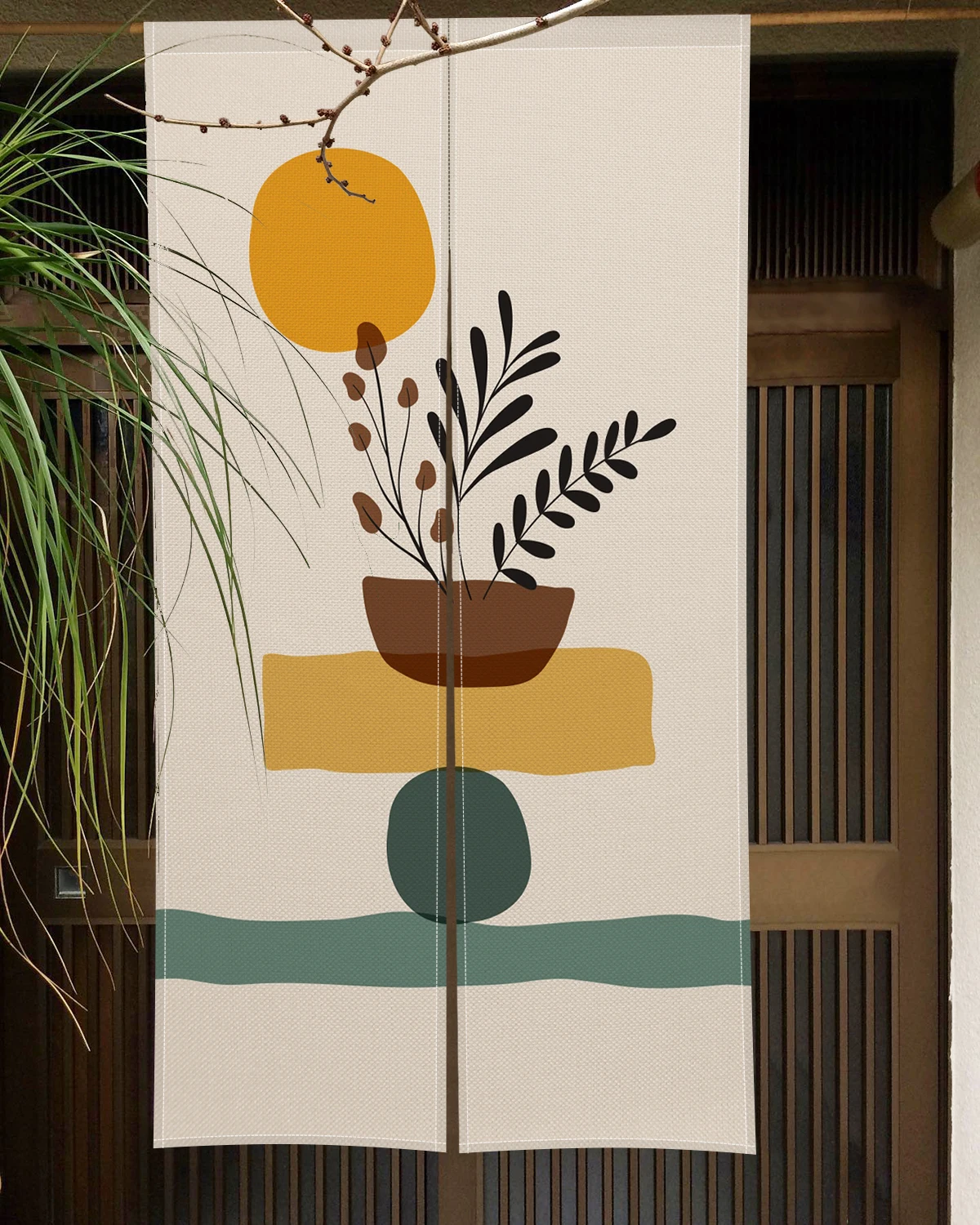 Geometric Plant Pattern Japanese Door Curtain Minimalist Noren Style Boho Bedroom Kitchen Partition Doorway Curtain Half-Curtain 2