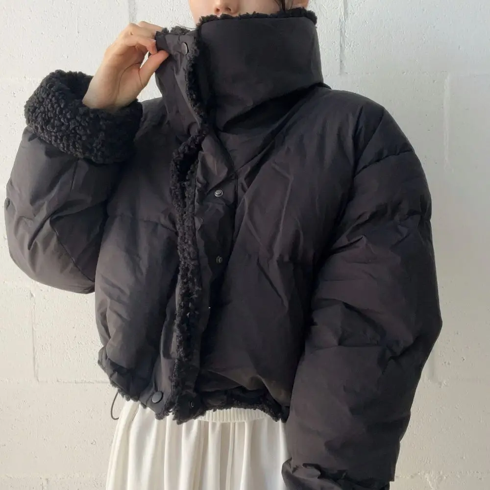 Korean Double-Sided Wear Lamb Fur Patchwork Down Cotton Jacket Women's Autumn Winter Fashion Short Big Lapel Student Bread Coat
