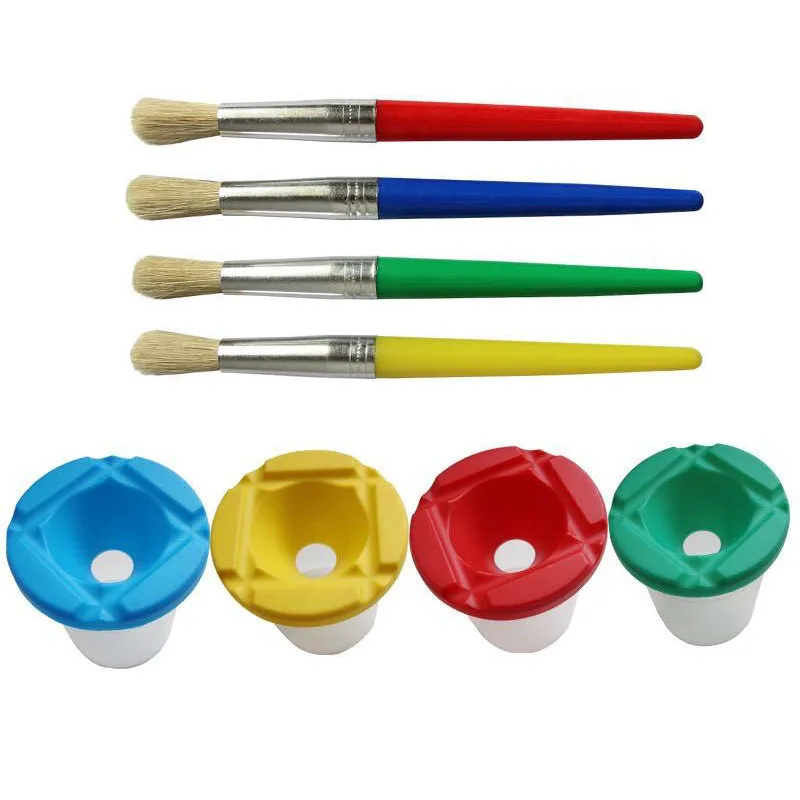 

4pcs Kids DIY Hog Bristle Artist Brush with 4pcs Wash Pot Set Plastic Handle Round Head Graffiti Paintbrush for Beginner Artist