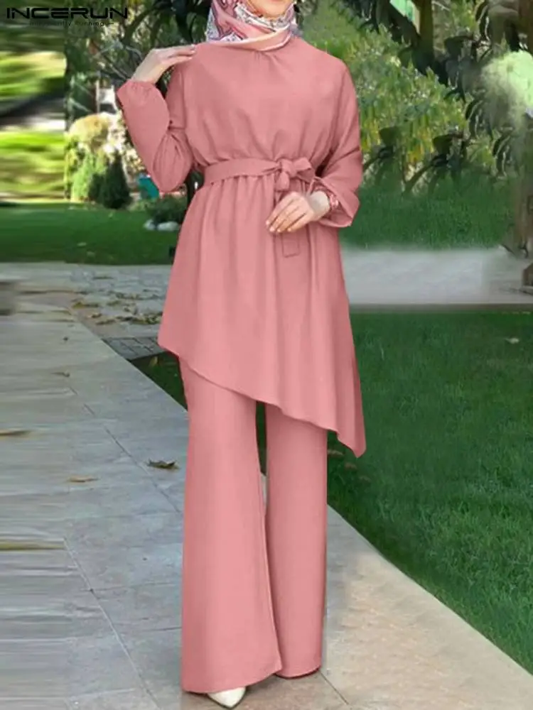  - Women Autumn Blouses ZANZEA Fashion Muslim Sets Long Sleeve Turkish Blouses Pants Abaya Solid Islamic Clothing 2PCS Oversized