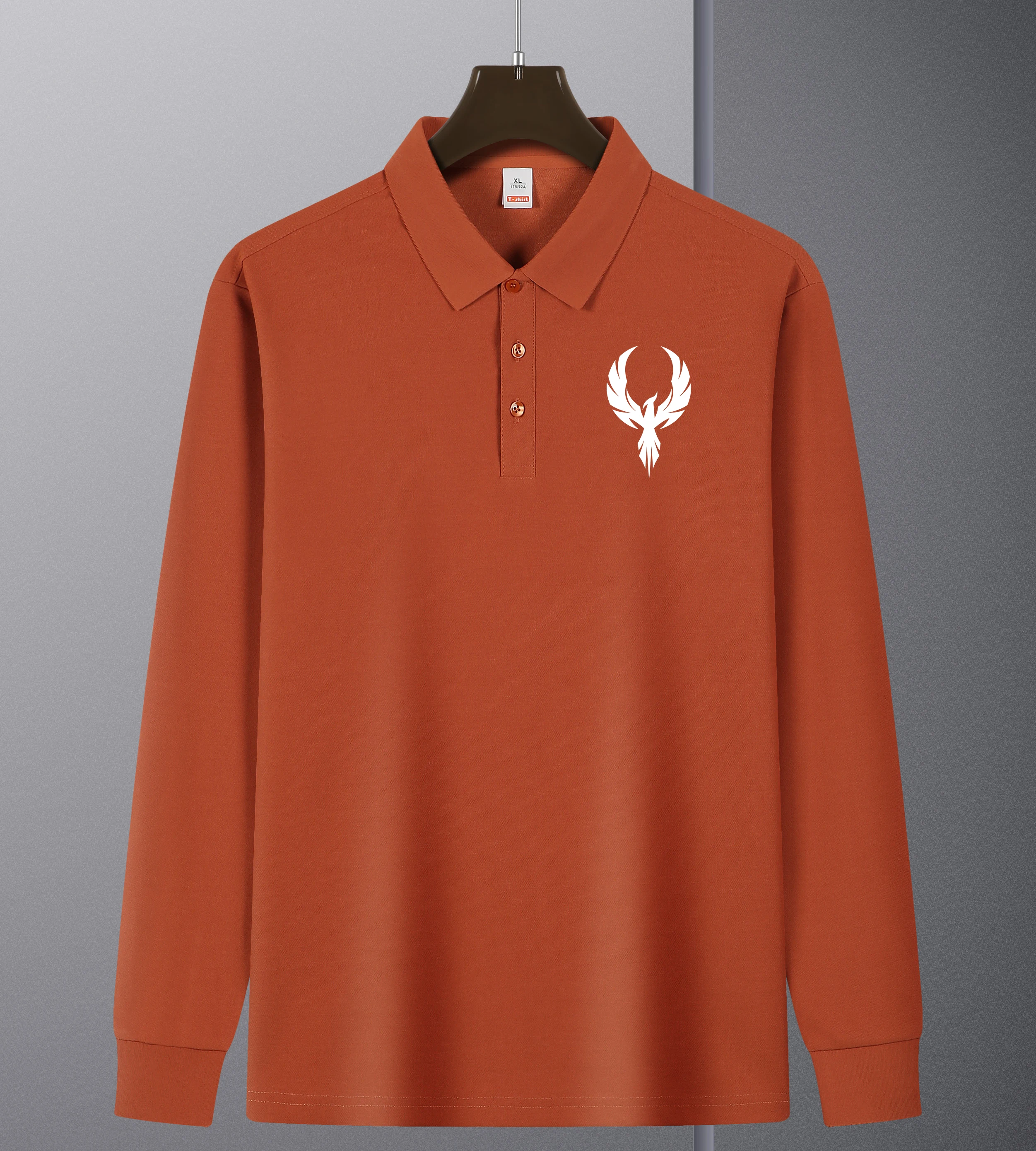 The Phoenix Flying Print Revers Polo Shirt Men Casual Soft Shirts Basics Gent Long Sleeve Comfortable Autumn Business Casual Tee